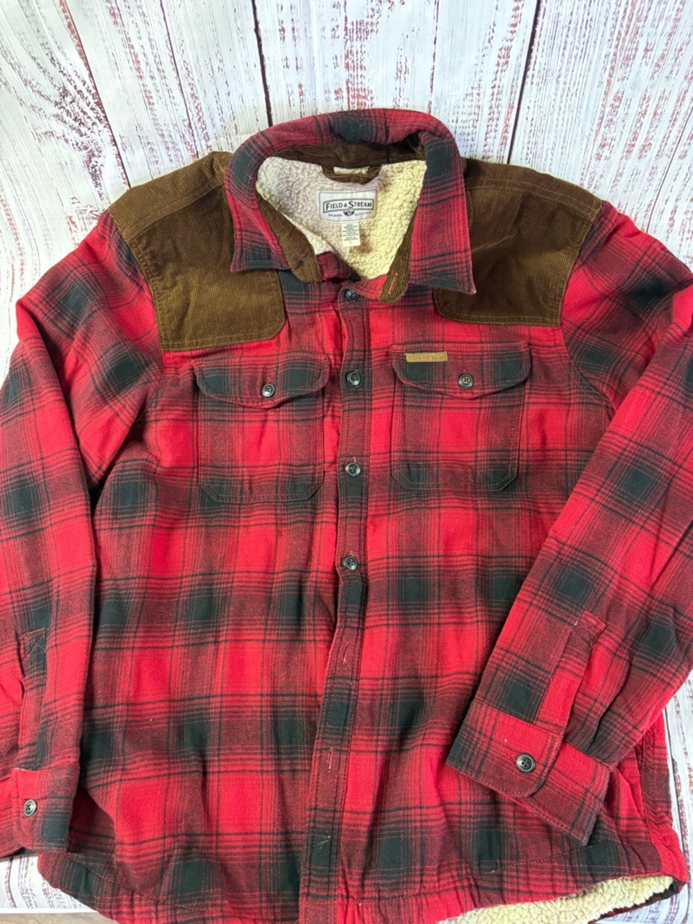 Field & Stream Red and Black Plaid Sherpa-Lined Shirt Jacket
